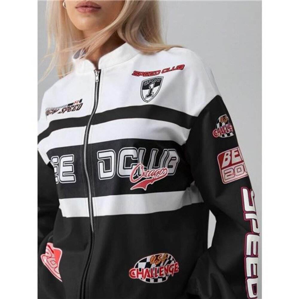 Letter Zip Up Dropped Shoulder Jacket - Picture 3 of 6